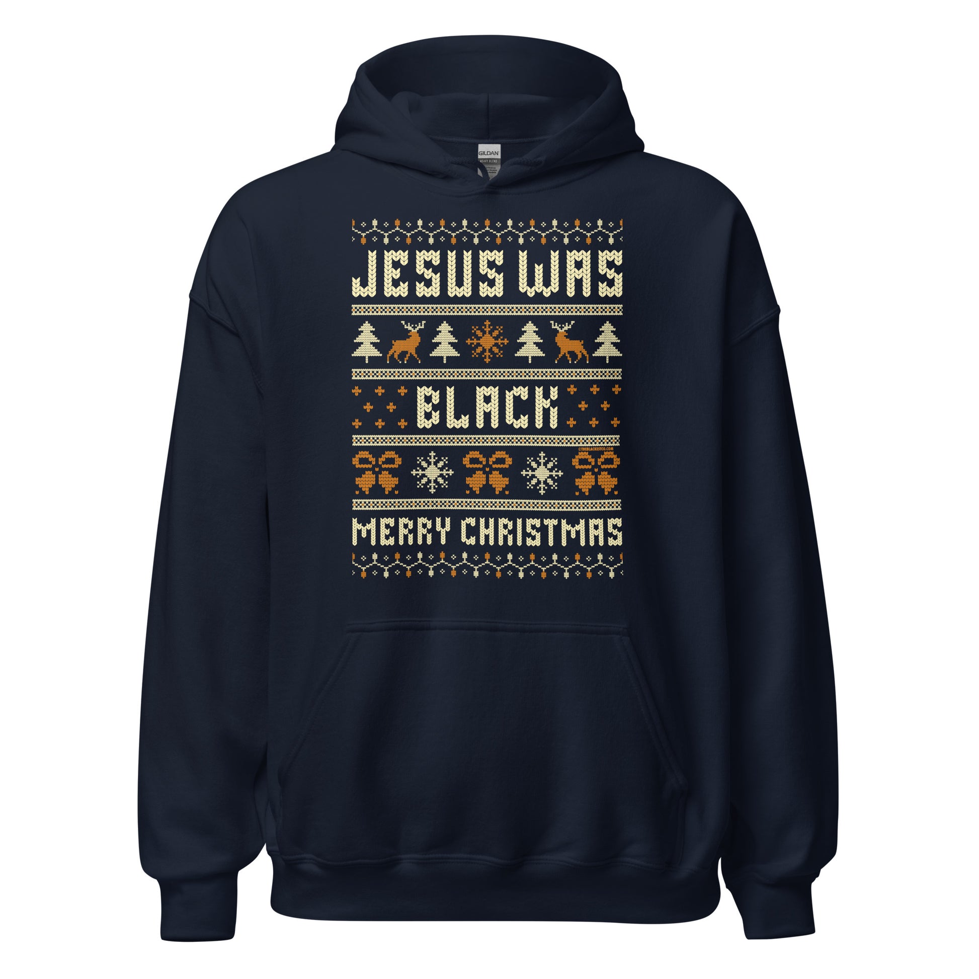 Navy blue Jesus Was Black Merry Christmas Unisex Hoodie by TheBlackest Co. with holiday-themed graphics and bold seasonal message.
