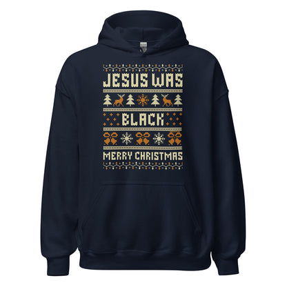 Navy blue Jesus Was Black Merry Christmas Unisex Hoodie by TheBlackest Co. with holiday-themed graphics and bold seasonal message.