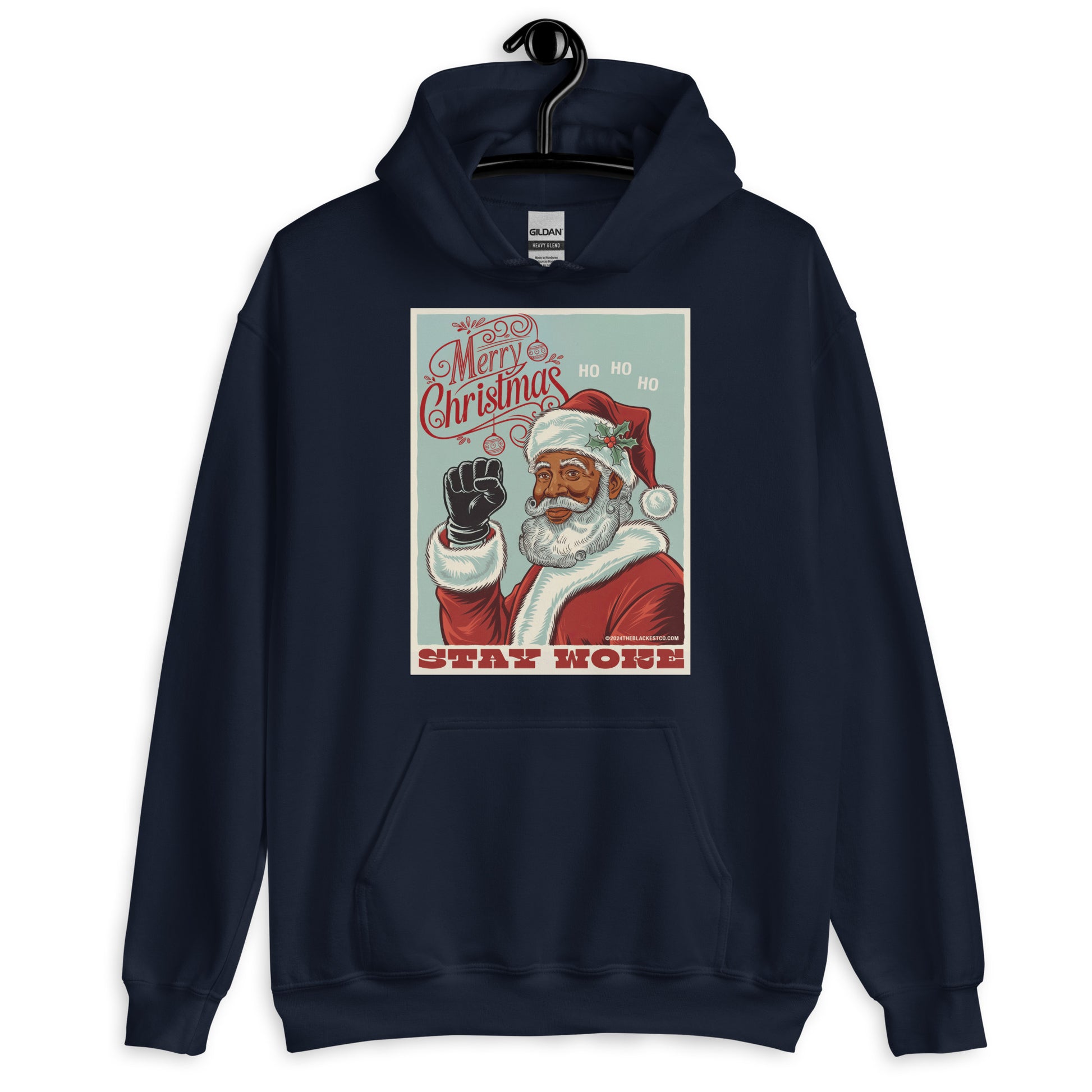 Navy Black Santa Stay Woke Unisex Hoodie on hanger, offering a stylish and meaningful winter clothing option with bold holiday graphic.