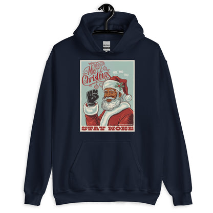 Navy Black Santa Stay Woke Unisex Hoodie on hanger, offering a stylish and meaningful winter clothing option with bold holiday graphic.