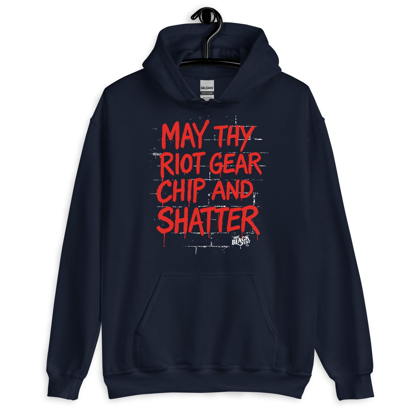 Navy blue May Thy Riot Gear Chip And Shatter Unisex Hoodie by TheBlackest Co. featuring bold red activist message, perfect for winter and streetwear.