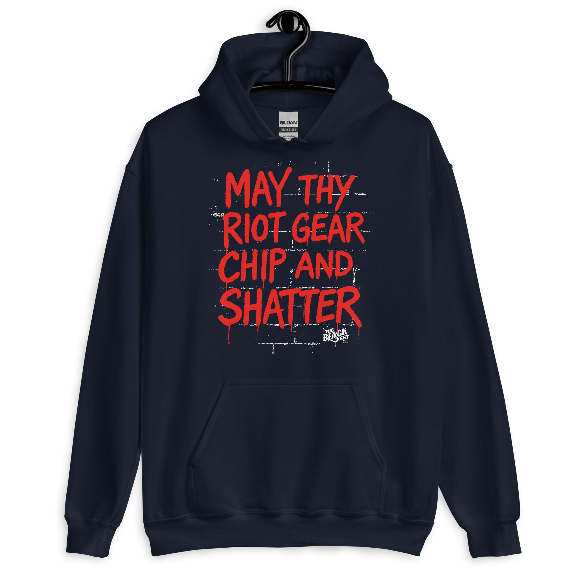 Navy blue May Thy Riot Gear Chip And Shatter Unisex Hoodie by TheBlackest Co. featuring bold red activist message, perfect for winter and streetwear.