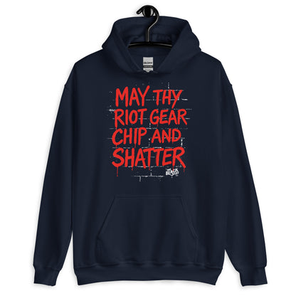 Navy blue May Thy Riot Gear Chip And Shatter Unisex Hoodie by TheBlackest Co. featuring bold red activist message, perfect for winter and streetwear.