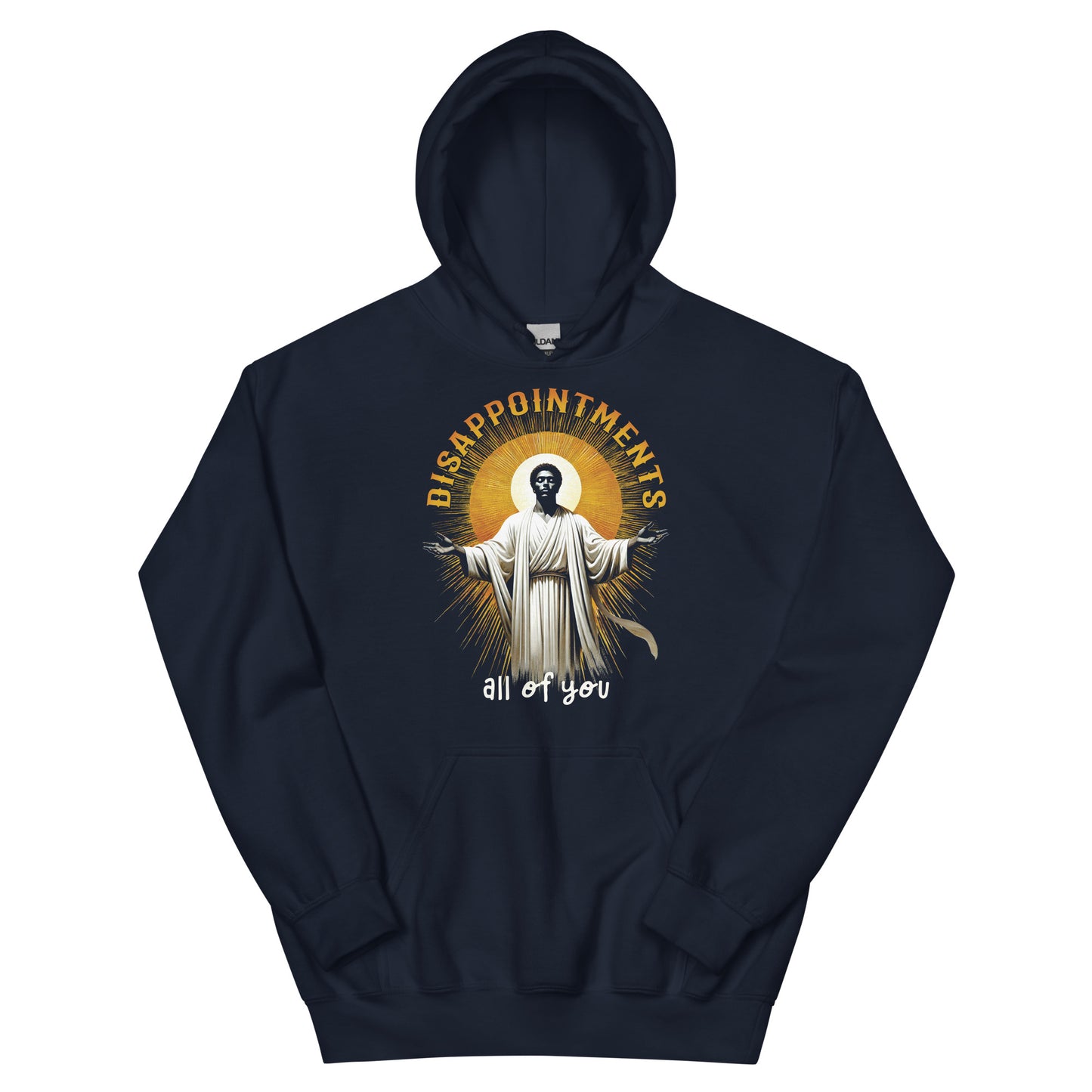 Navy hoodie with Jesus graphic and Disappointments All of You text, casual streetwear for men and women