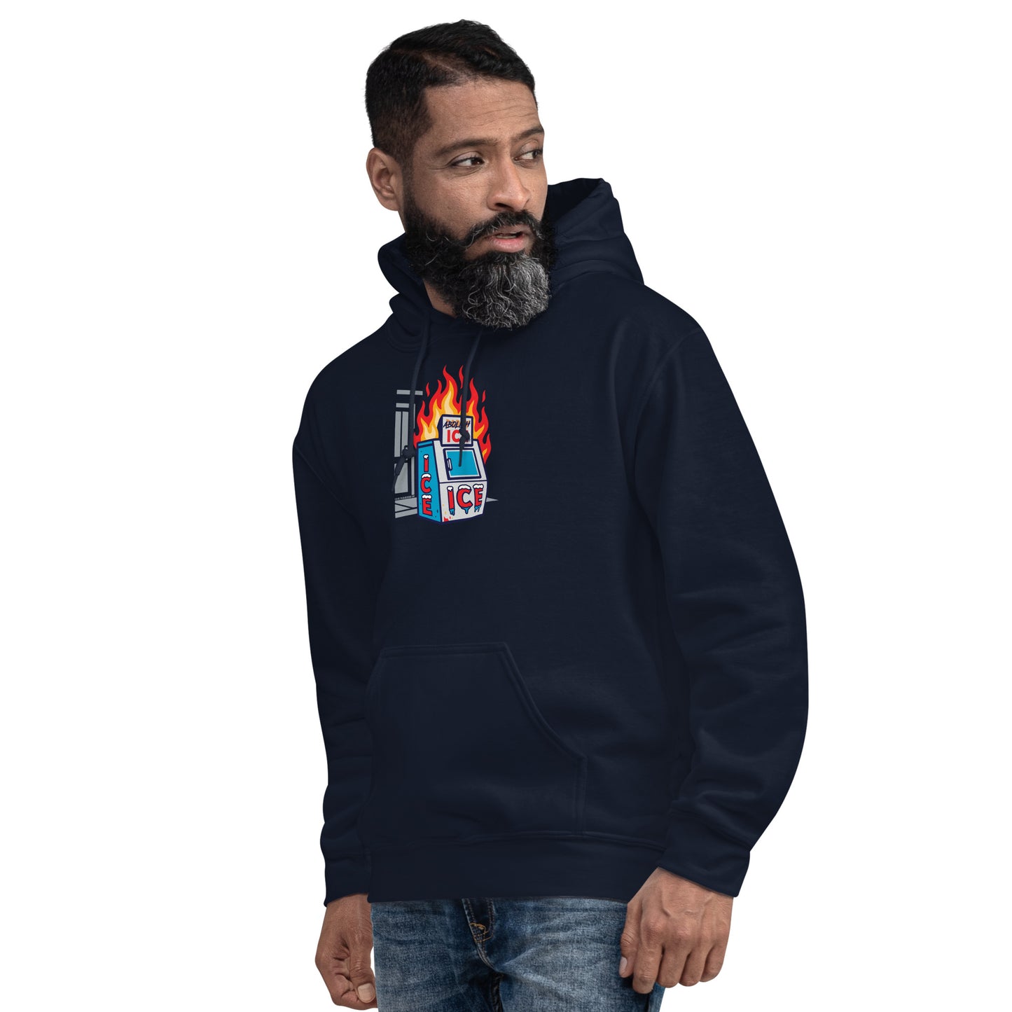 Model wearing navy Abolice ICE Unisex Hoodie with bold anti-ICE graphic. Streetwear pullover with soft feel and strong political message.