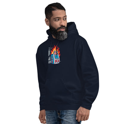 Model wearing navy Abolice ICE Unisex Hoodie with bold anti-ICE graphic. Streetwear pullover with soft feel and strong political message.