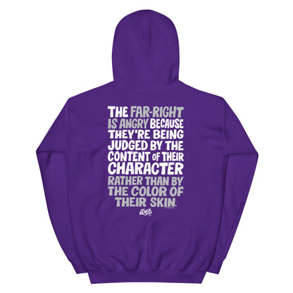 Purple Why The Far Right Is Angry Hoodie by TheBlackest Co. with statement back print, unisex fit for bold cultural expression.