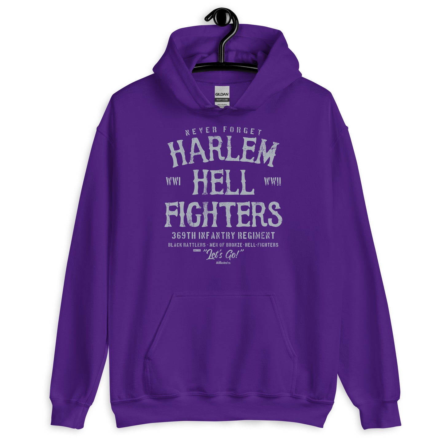Purple Harlem Hellfighter Black Soldiers Staple Unisex Hoodie with graphic honoring the Harlem Hellfighters and Black military history.