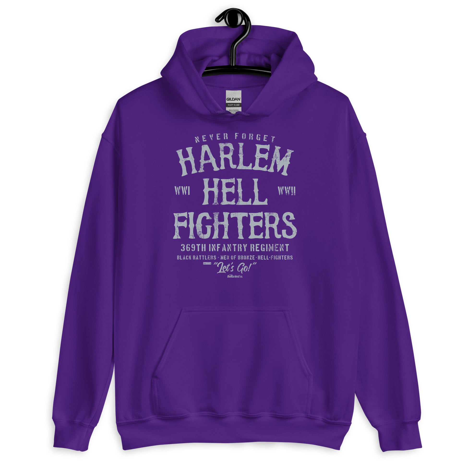 Purple Harlem Hellfighter Black Soldiers Staple Unisex Hoodie with graphic honoring the Harlem Hellfighters and Black military history.