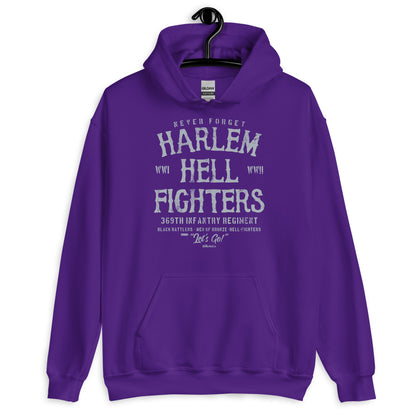 Purple Harlem Hellfighter Black Soldiers Staple Unisex Hoodie with graphic honoring the Harlem Hellfighters and Black military history.