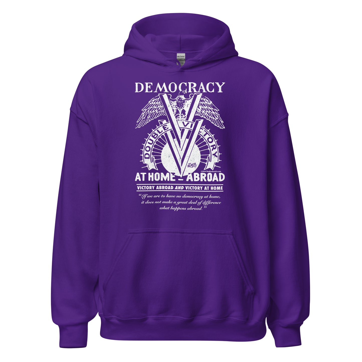 Purple Double V Campaign WWII Black Soldiers Hoodie featuring bold white graphic honoring Black veterans' fight for democracy at home and abroad.