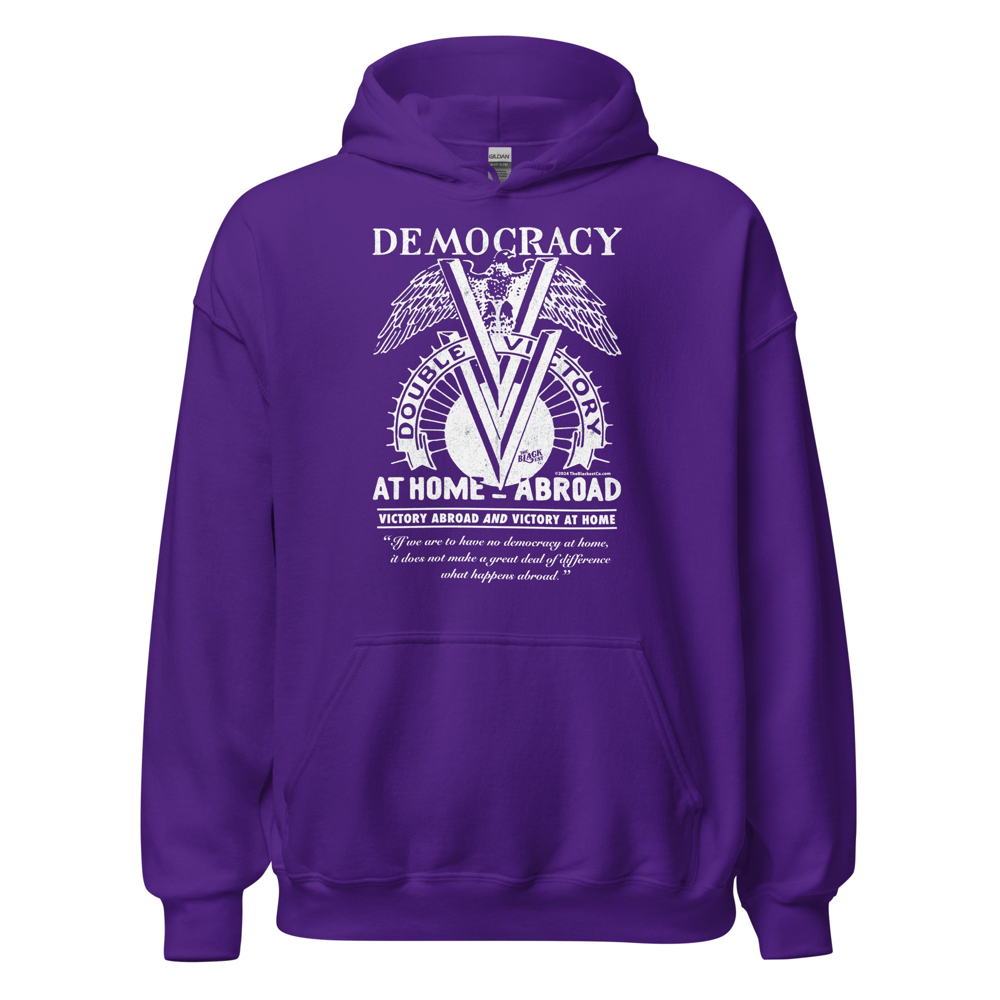 Purple Double V Campaign WWII Black Soldiers Hoodie featuring bold white graphic honoring Black veterans' fight for democracy at home and abroad.