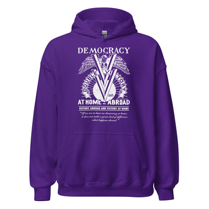 Purple Double V Campaign WWII Black Soldiers Hoodie featuring bold white graphic honoring Black veterans' fight for democracy at home and abroad.