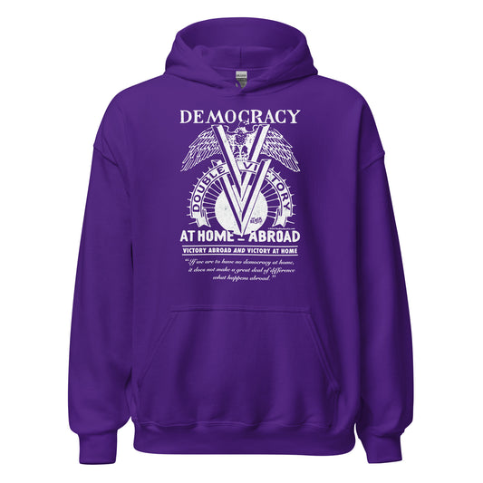 Purple Double V Campaign WWII Black Soldiers Hoodie featuring bold white graphic honoring Black veterans' fight for democracy at home and abroad.