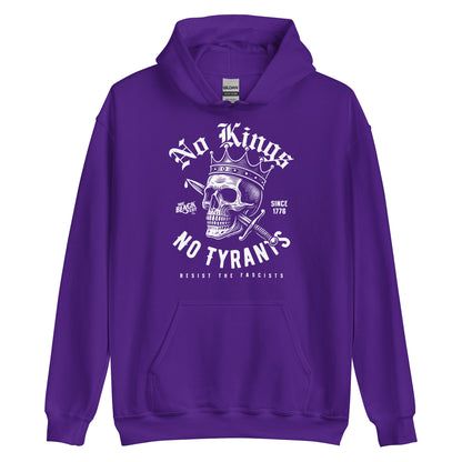 Purple No Kings No Tyrants Skull Protest Hoodie by TheBlackest Co., showcasing bold white skull graphic and resistance slogan for unisex streetwear.