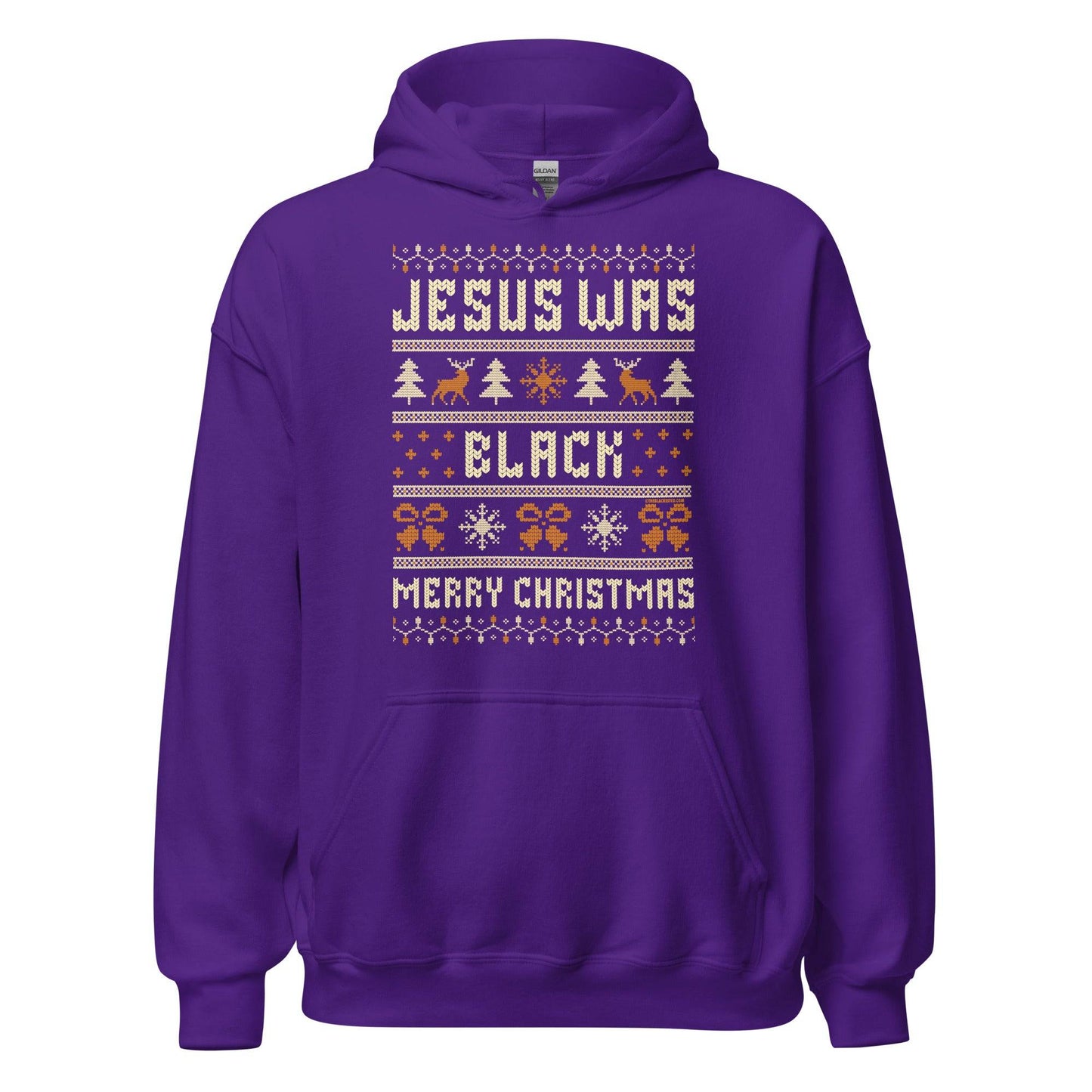 Purple Jesus Was Black Merry Christmas Unisex Hoodie by TheBlackest Co. featuring festive icons and bold holiday message in knit-style print.
