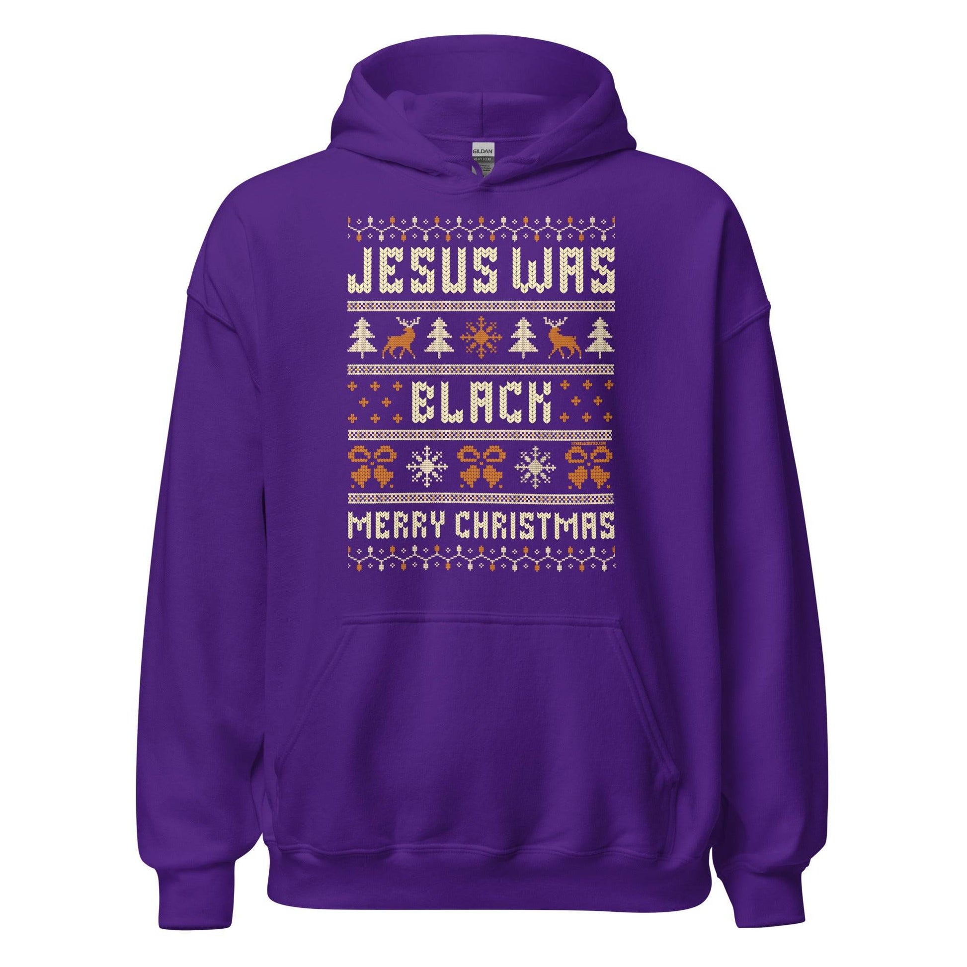 Purple Jesus Was Black Merry Christmas Unisex Hoodie by TheBlackest Co. featuring festive icons and bold holiday message in knit-style print.