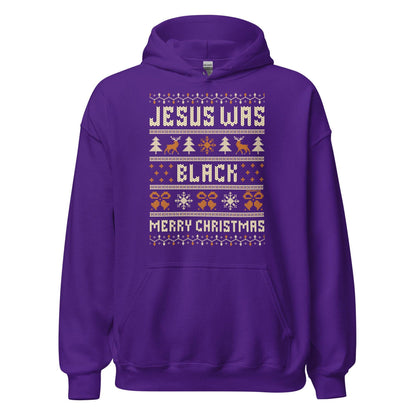 Purple Jesus Was Black Merry Christmas Unisex Hoodie by TheBlackest Co. featuring festive icons and bold holiday message in knit-style print.