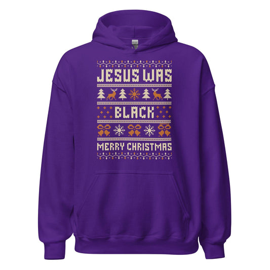 Purple Jesus Was Black Merry Christmas Unisex Hoodie by TheBlackest Co. featuring festive icons and bold holiday message in knit-style print.