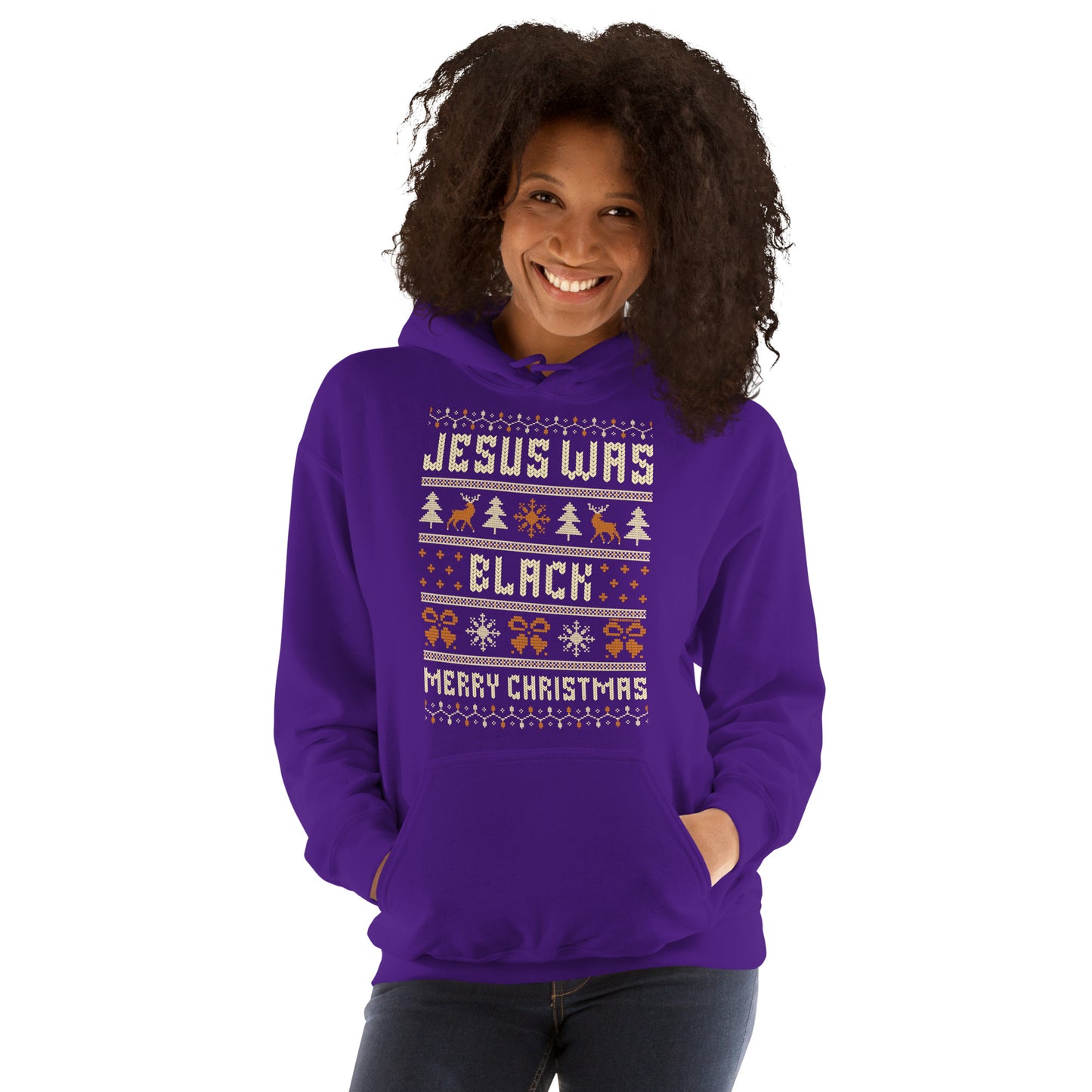 Woman wearing purple Jesus Was Black Merry Christmas Unisex Hoodie by TheBlackest Co., showcasing cozy winter fashion with bold cultural statement.