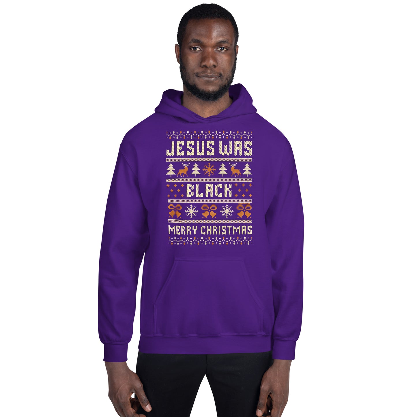 Front view of man in purple Jesus Was Black Merry Christmas Unisex Hoodie by TheBlackest Co., ideal for holiday gatherings and winter layering.