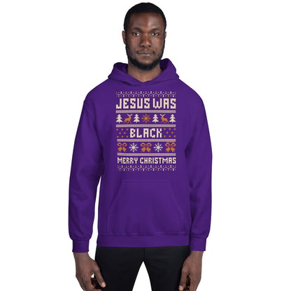 Front view of man in purple Jesus Was Black Merry Christmas Unisex Hoodie by TheBlackest Co., ideal for holiday gatherings and winter layering.
