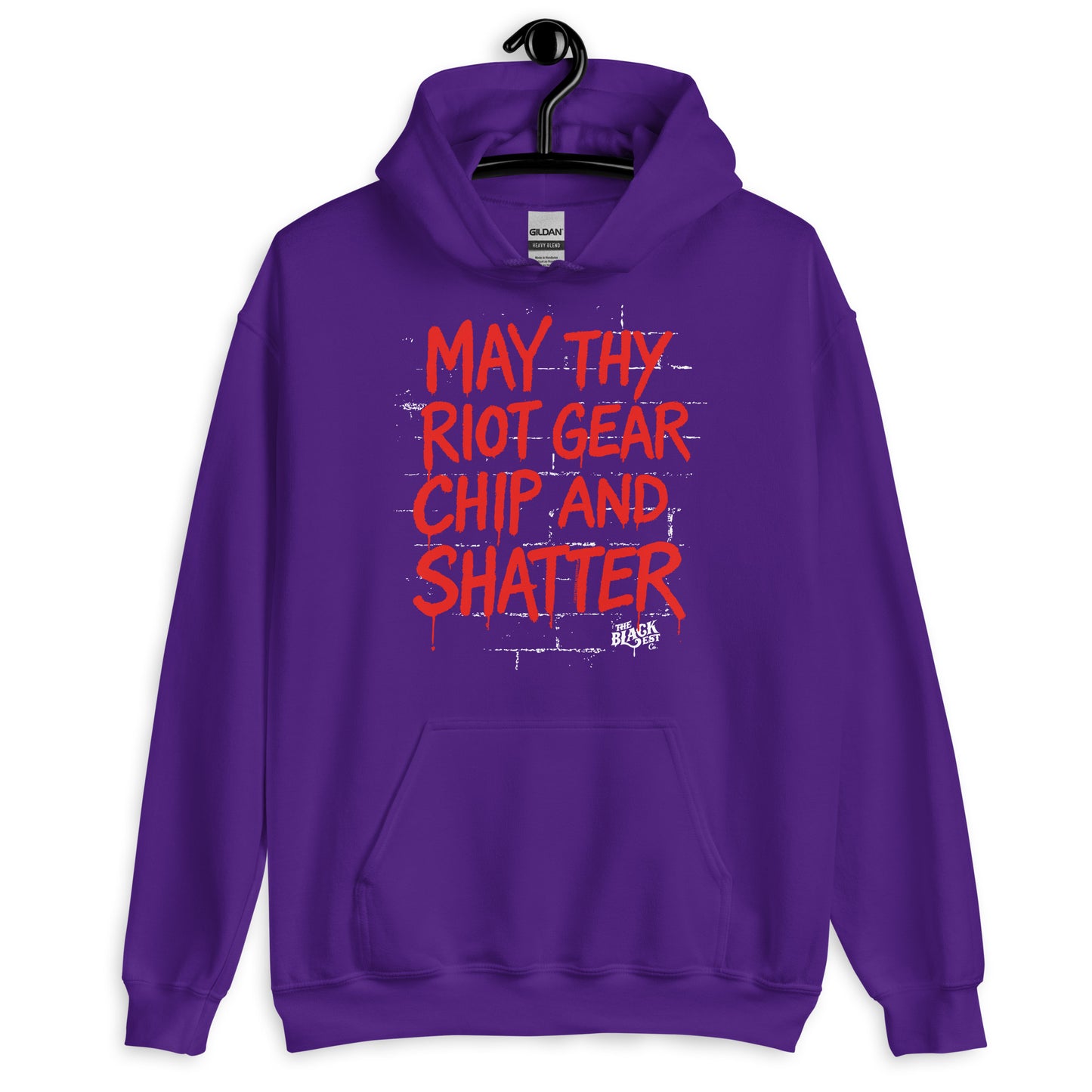 Purple May Thy Riot Gear Chip And Shatter Unisex Hoodie by TheBlackest Co. with vivid red activist text, a bold fashion statement for cooler seasons.