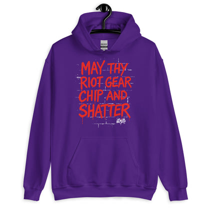 Purple May Thy Riot Gear Chip And Shatter Unisex Hoodie by TheBlackest Co. with vivid red activist text, a bold fashion statement for cooler seasons.
