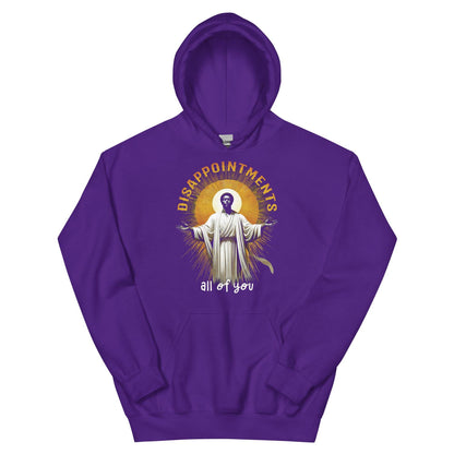 Purple hoodie with Black Jesus graphic and Disappointments All of You text