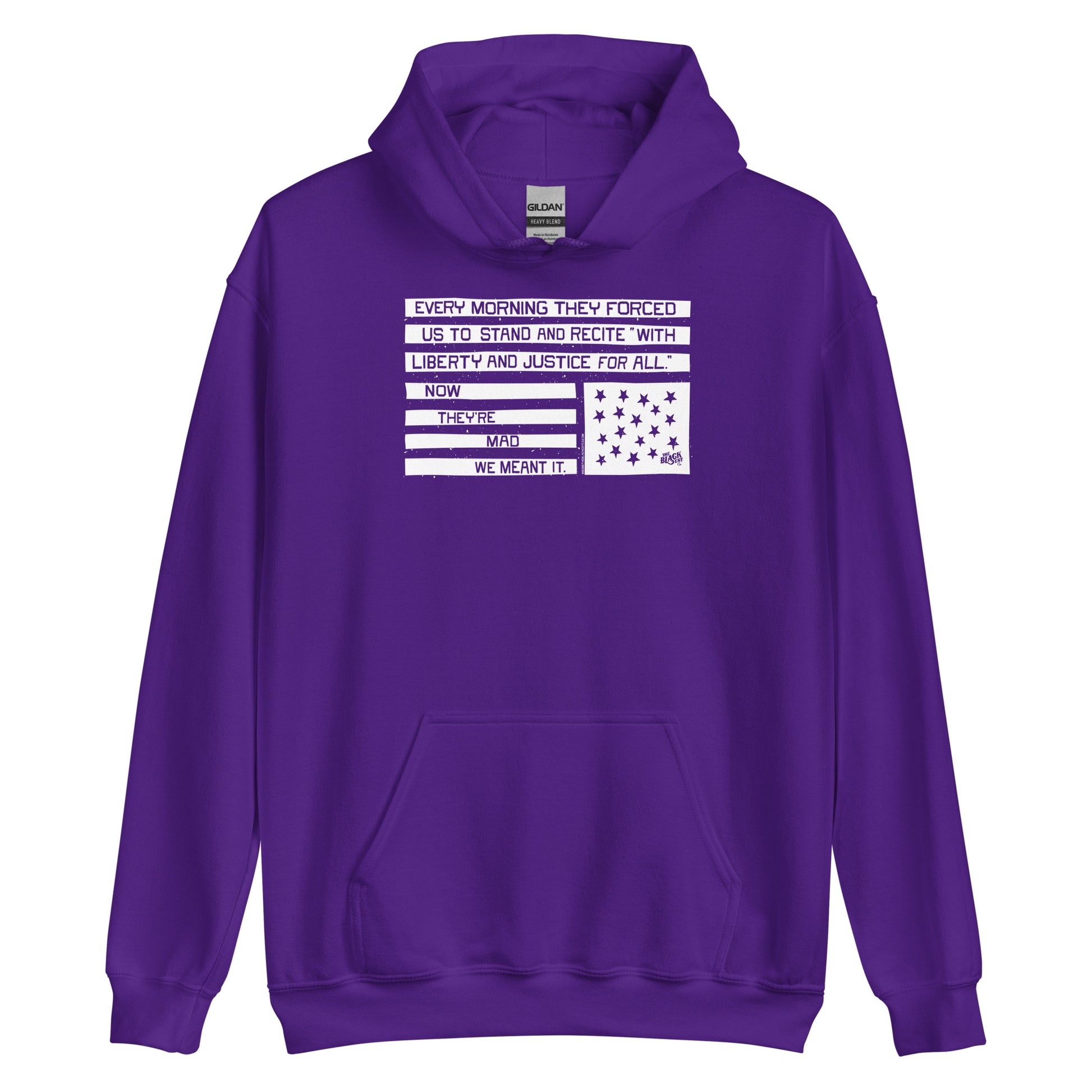 Purple hoodie with black and white flag design, Now They're Mad We Meant It