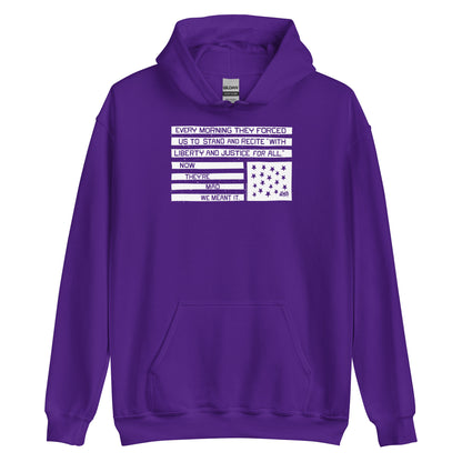 Purple hoodie with black and white flag design, Now They're Mad We Meant It