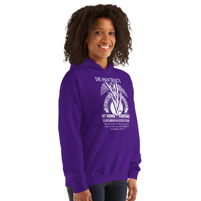 Woman wearing purple Double V Campaign WWII Black Soldiers Hoodie, showcasing vintage-style print celebrating Black military history.