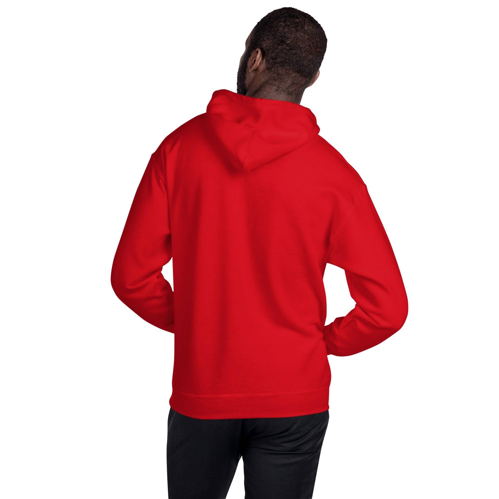 Back view of red Black Santa Stay Woke Unisex Hoodie, emphasizing solid color and cozy hooded design for winter comfort and style.