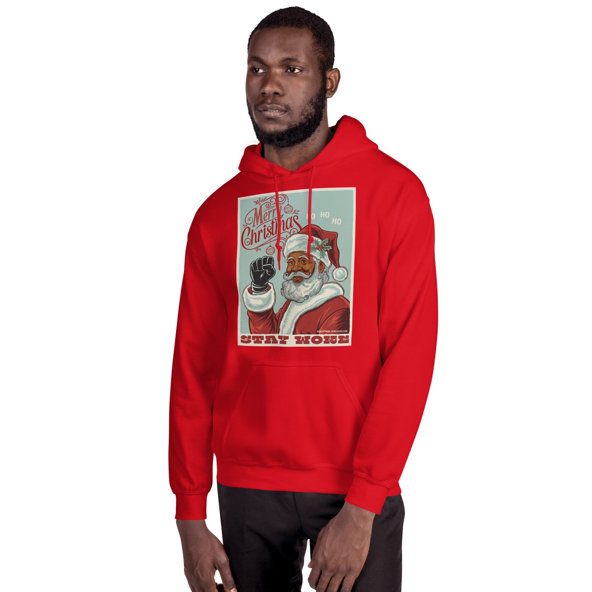 Man modeling red Black Santa Stay Woke Unisex Hoodie, highlighting bold graphic design and comfortable fit for winter and holiday wear.