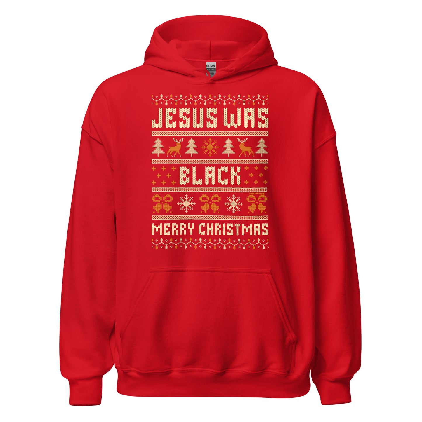 Red Jesus Was Black Merry Christmas Unisex Hoodie by TheBlackest Co., festive and bold pullover ideal for Christmas celebrations and gifting.