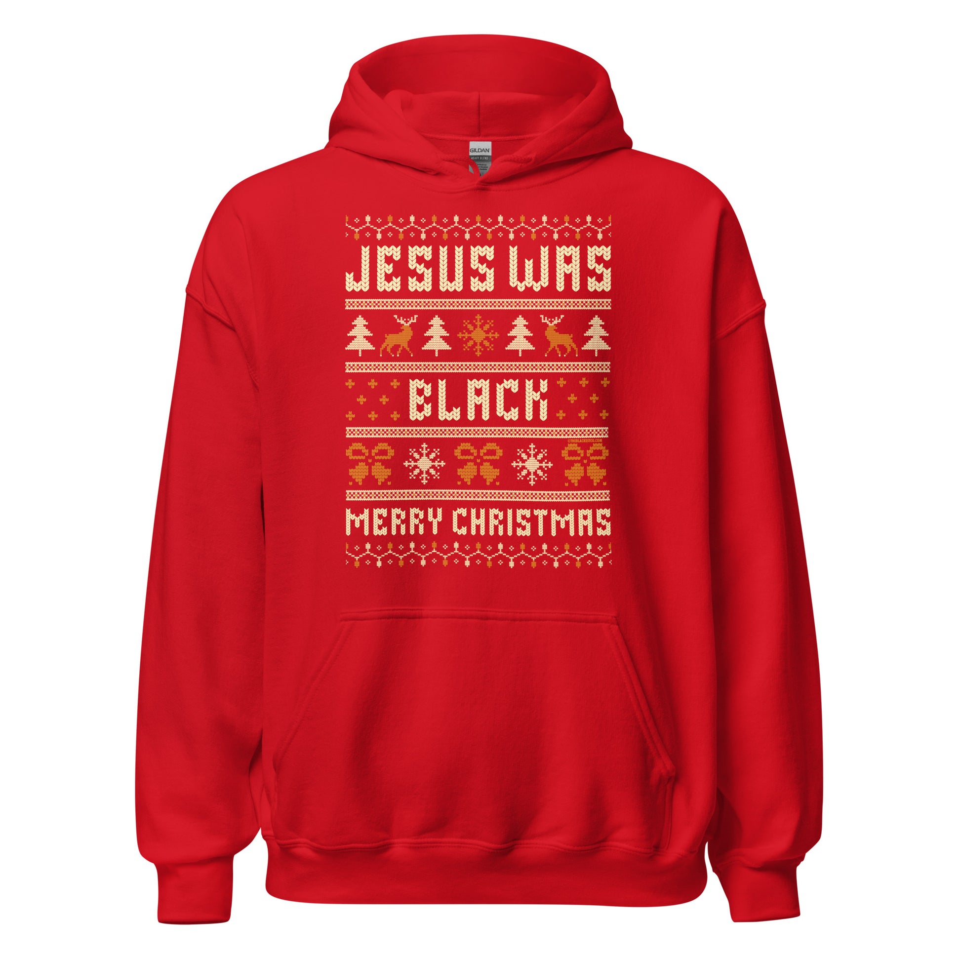 Red Jesus Was Black Merry Christmas Unisex Hoodie by TheBlackest Co., festive and bold pullover ideal for Christmas celebrations and gifting.