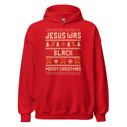 Red Jesus Was Black Merry Christmas Unisex Hoodie by TheBlackest Co., festive and bold pullover ideal for Christmas celebrations and gifting.