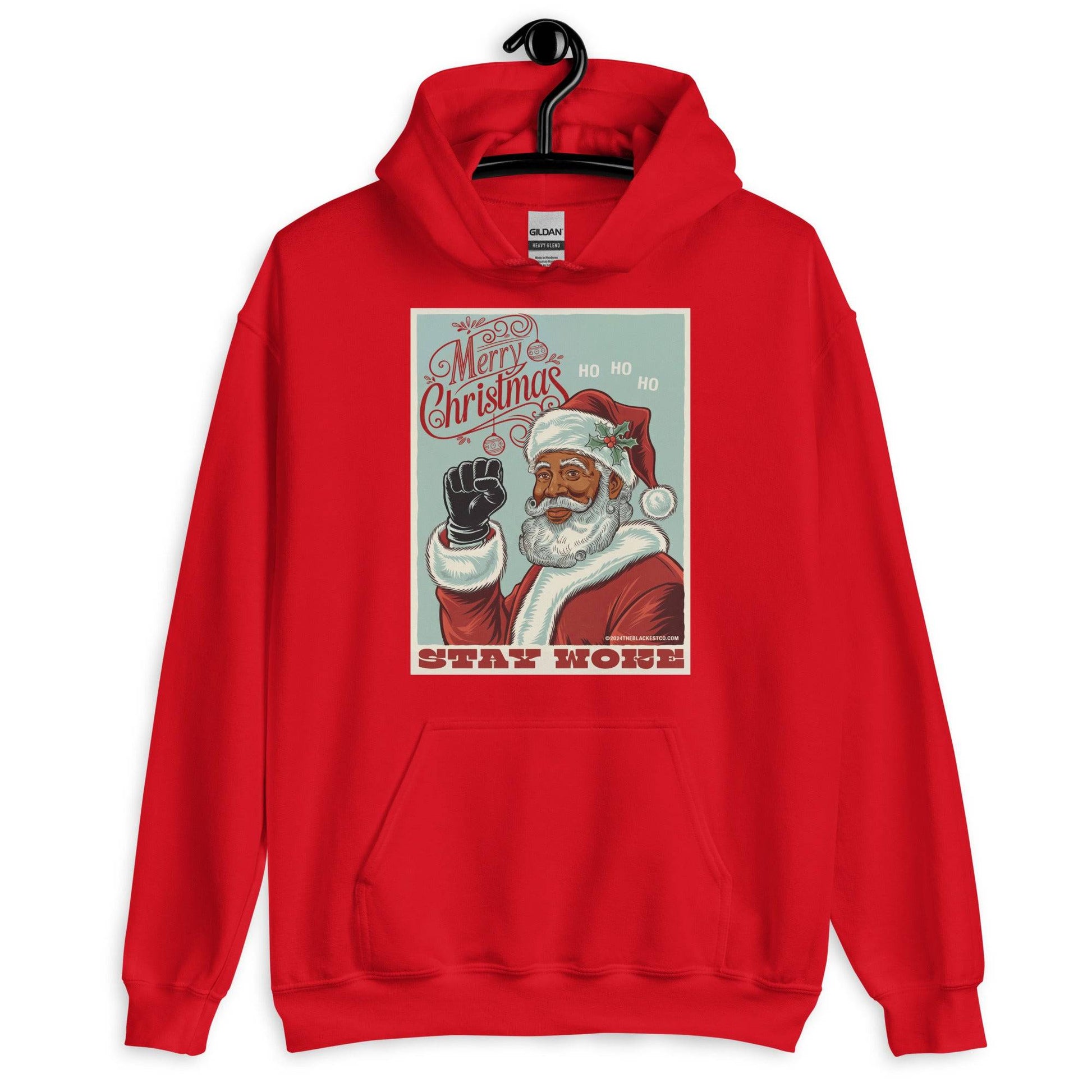 Red Black Santa Stay Woke Unisex Hoodie on hanger, featuring vintage-style graphic of Black Santa and bold Stay Woke message for holiday apparel.