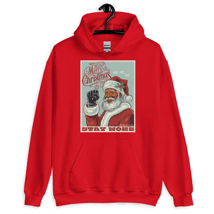 Red Black Santa Stay Woke Unisex Hoodie on hanger, featuring vintage-style graphic of Black Santa and bold Stay Woke message for holiday apparel.