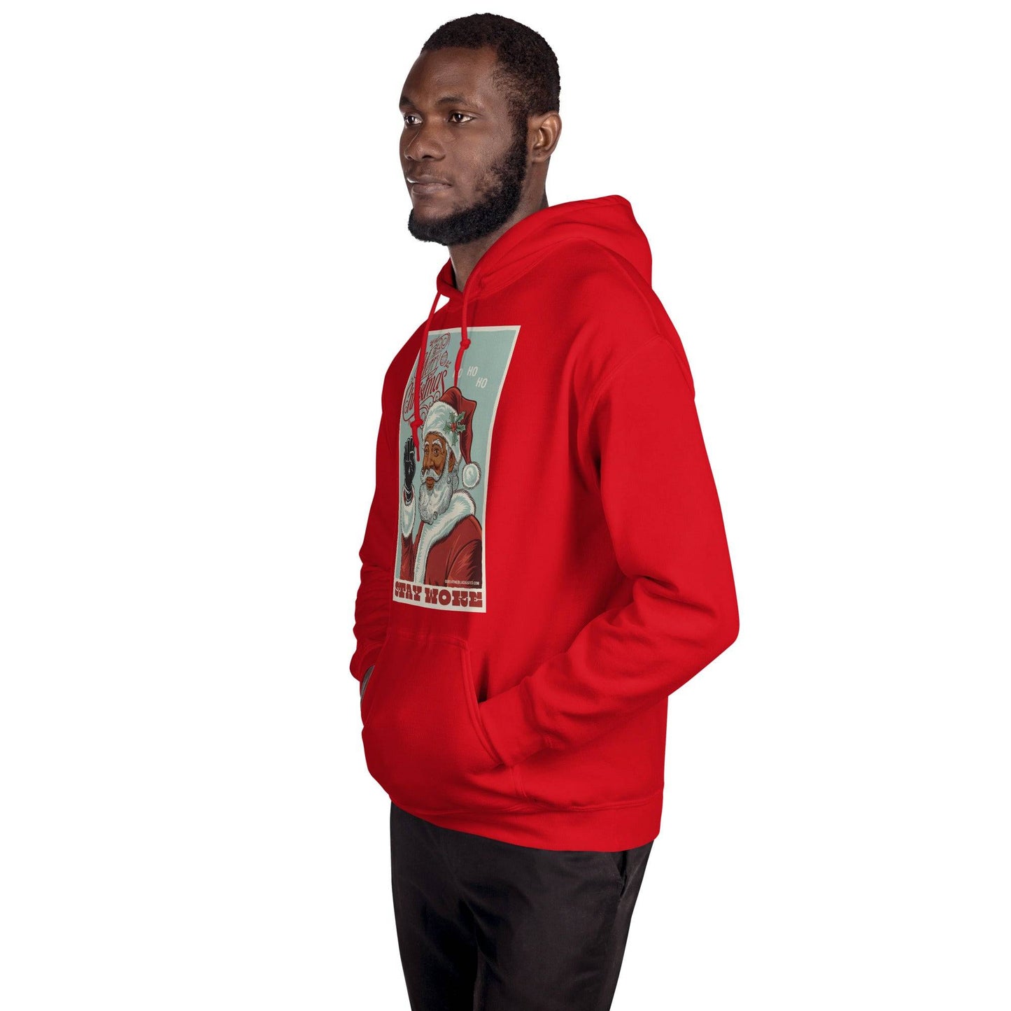 Side view of man in red Black Santa Stay Woke Unisex Hoodie, showing relaxed fit and cultural holiday message for cold weather fashion.