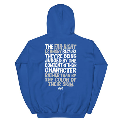 Royal blue Why The Far Right Is Angry Hoodie by TheBlackest Co. with powerful back print message, cotton-poly pullover hoodie.