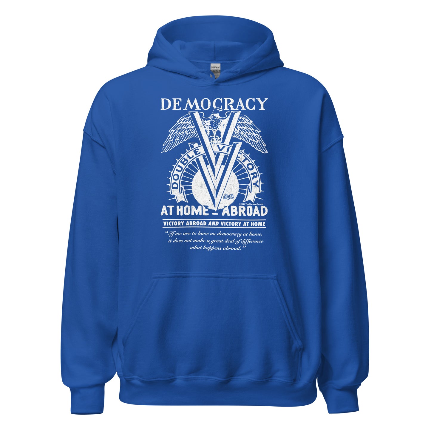 Royal blue Double V Campaign WWII Black Soldiers Hoodie with patriotic graphic celebrating Black veterans' WWII legacy.