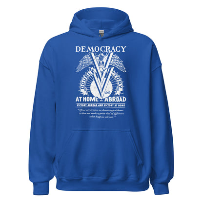 Royal blue Double V Campaign WWII Black Soldiers Hoodie with patriotic graphic celebrating Black veterans' WWII legacy.