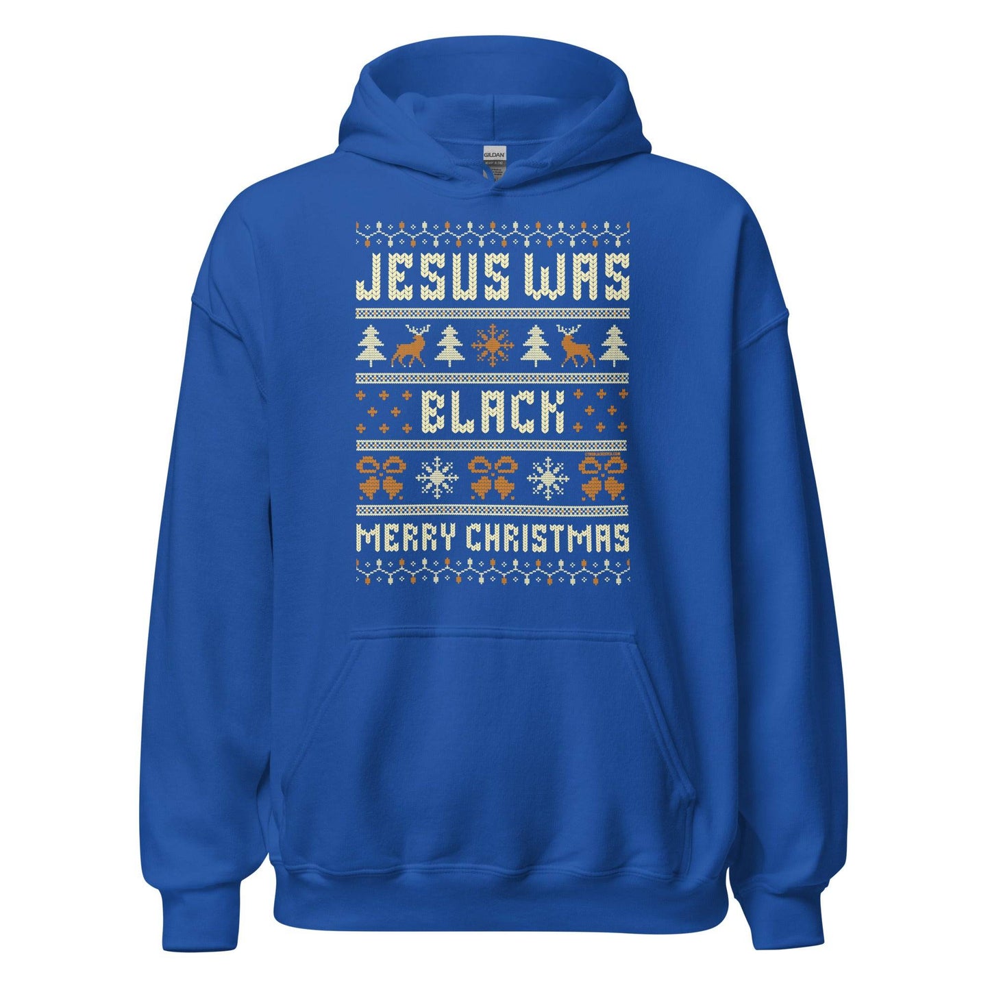 Royal blue Jesus Was Black Merry Christmas Unisex Hoodie by TheBlackest Co., combining comfort and cultural pride for holiday apparel.