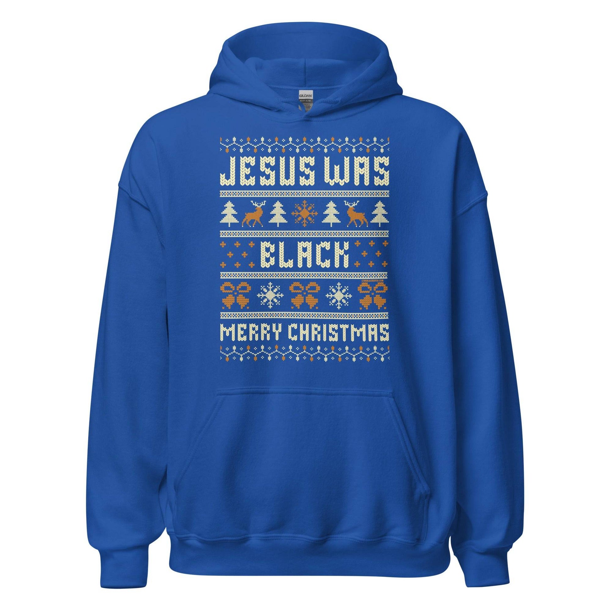 Royal blue Jesus Was Black Merry Christmas Unisex Hoodie by TheBlackest Co., combining comfort and cultural pride for holiday apparel.