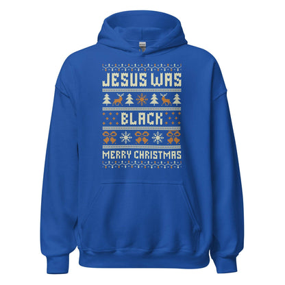 Royal blue Jesus Was Black Merry Christmas Unisex Hoodie by TheBlackest Co., combining comfort and cultural pride for holiday apparel.
