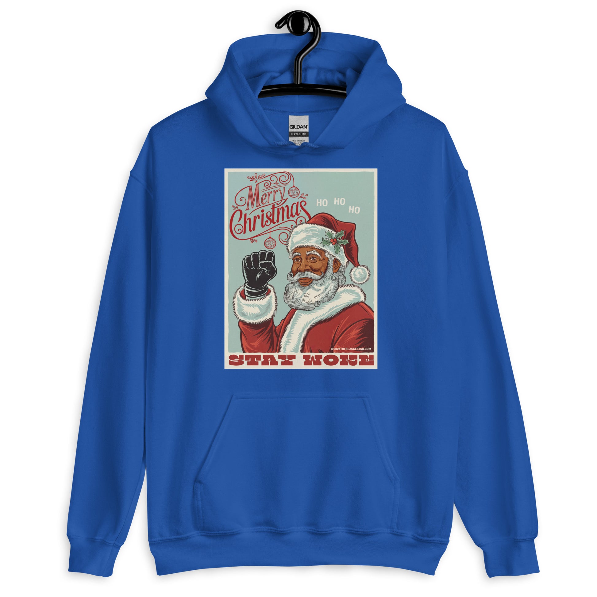 Royal blue Black Santa Stay Woke Unisex Hoodie on hanger, featuring bold cultural holiday design perfect for winter celebrations and gifting.