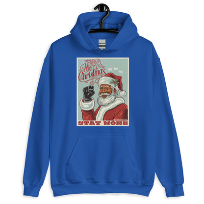 Royal blue Black Santa Stay Woke Unisex Hoodie on hanger, featuring bold cultural holiday design perfect for winter celebrations and gifting.