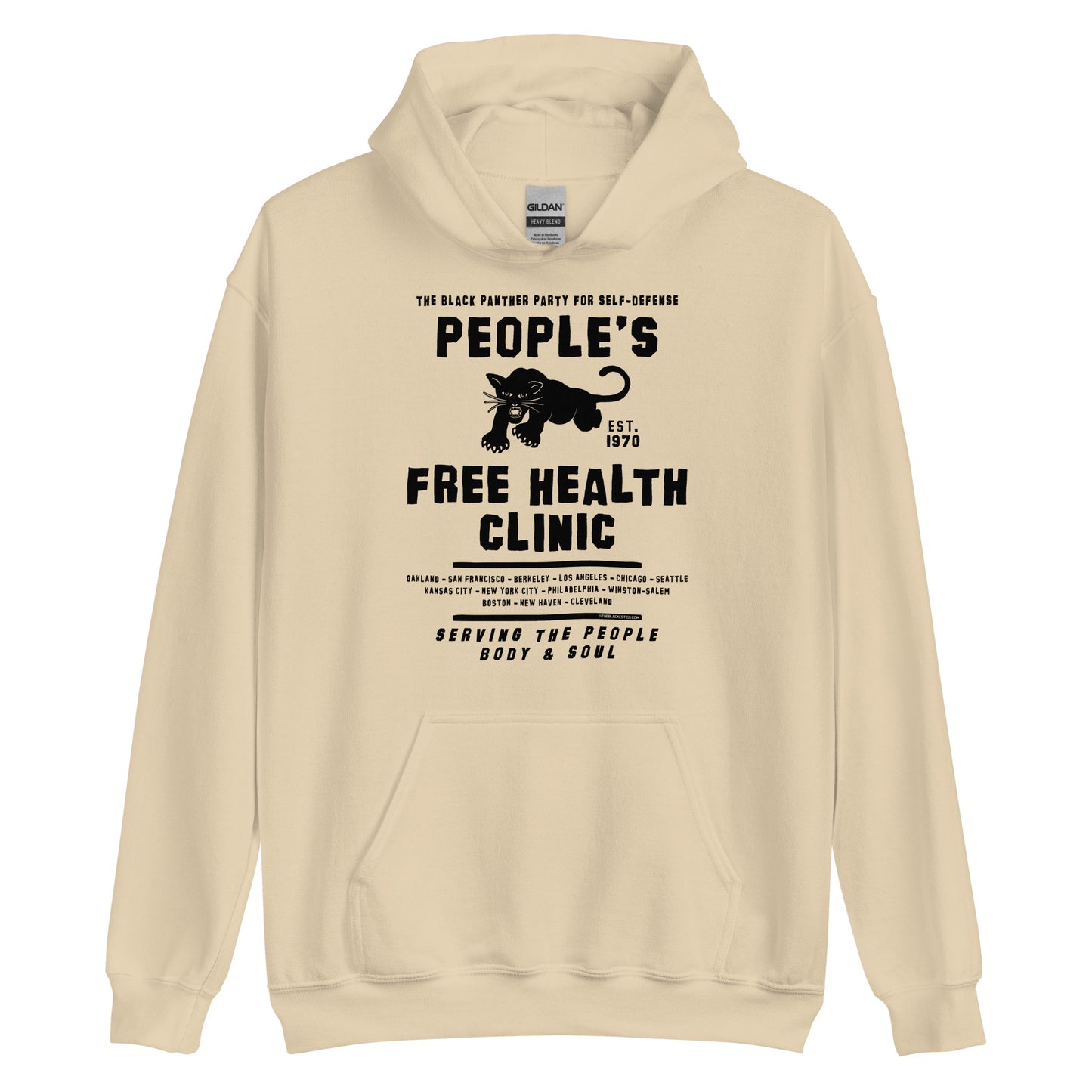 Beige unisex hoodie with People's Free Health Clinic design