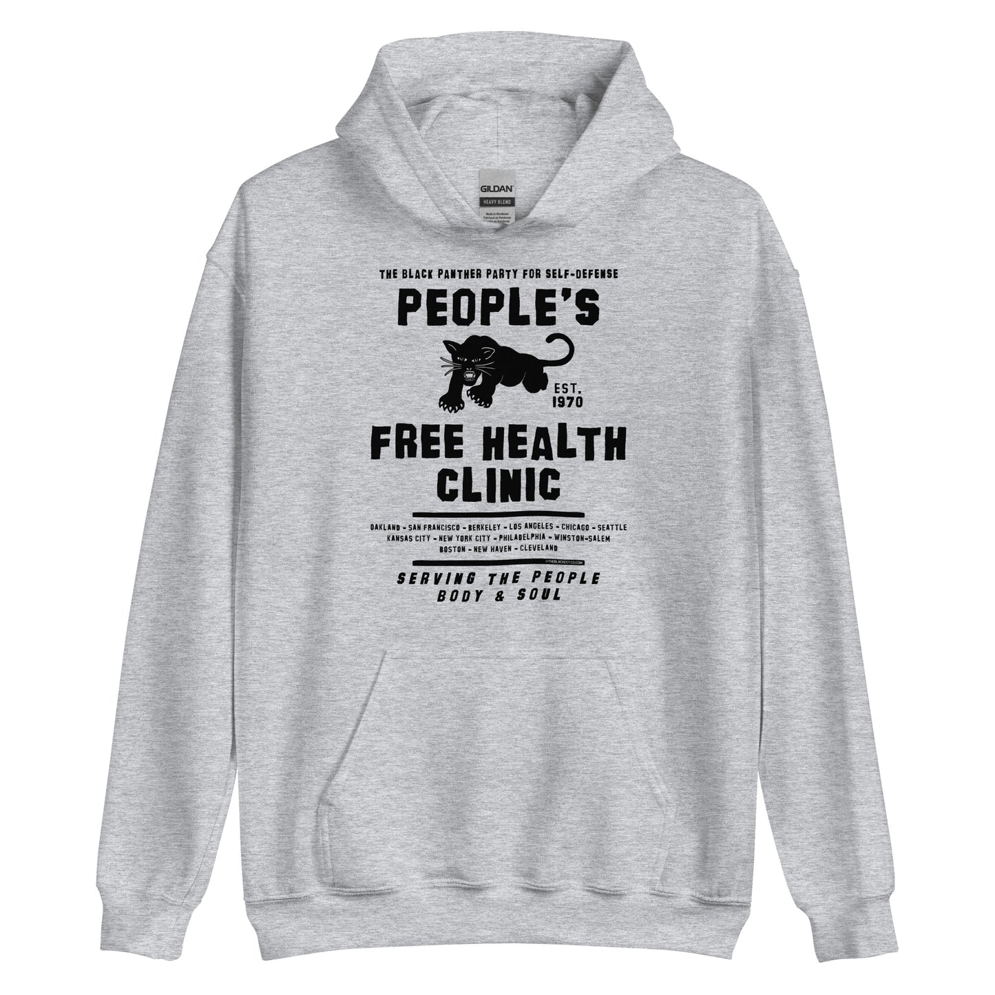 Light gray unisex hoodie with People's Free Health Clinic design